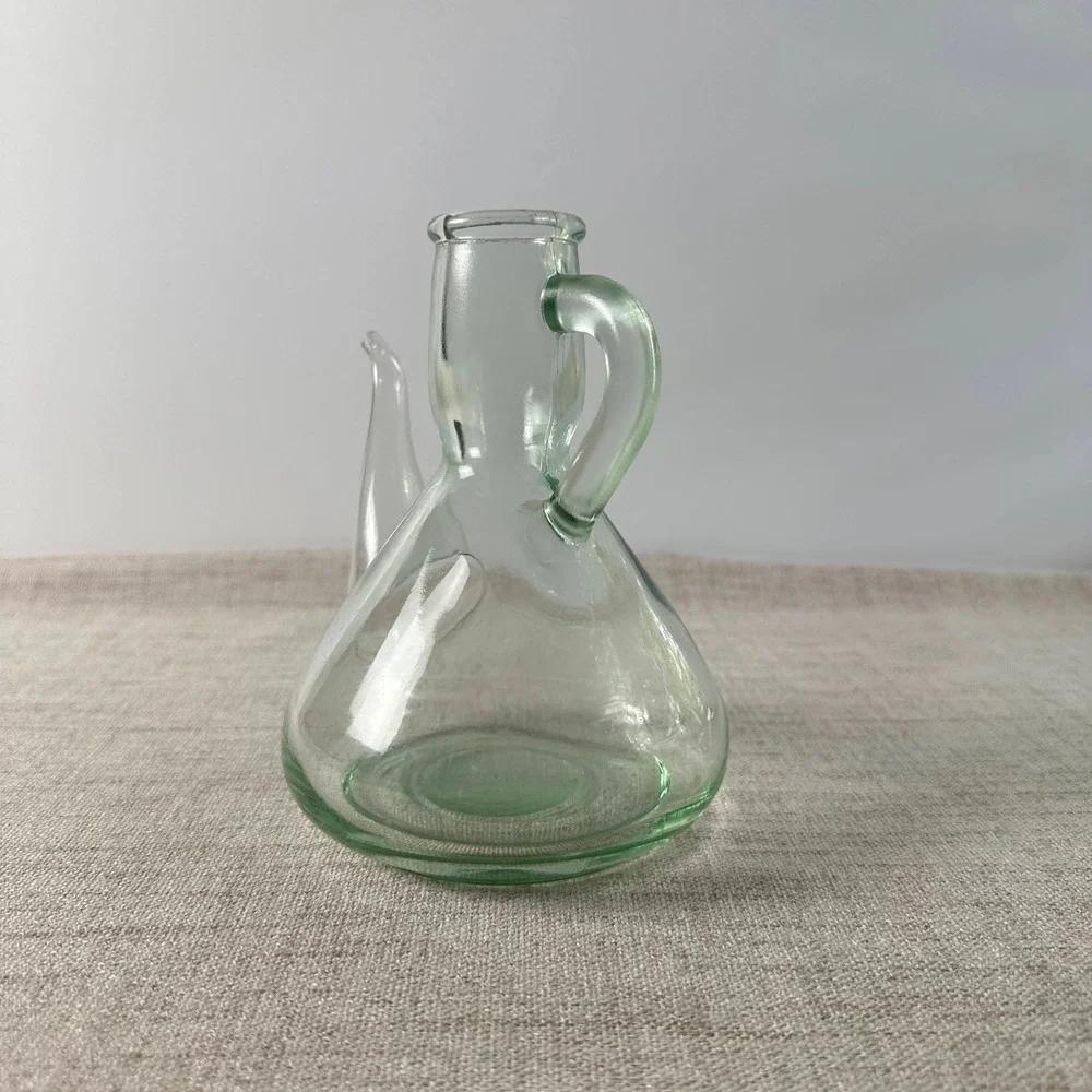 Vintage Green Glass Long Spout Cruet | Hand Blown Pitcher | Sculptural Glass